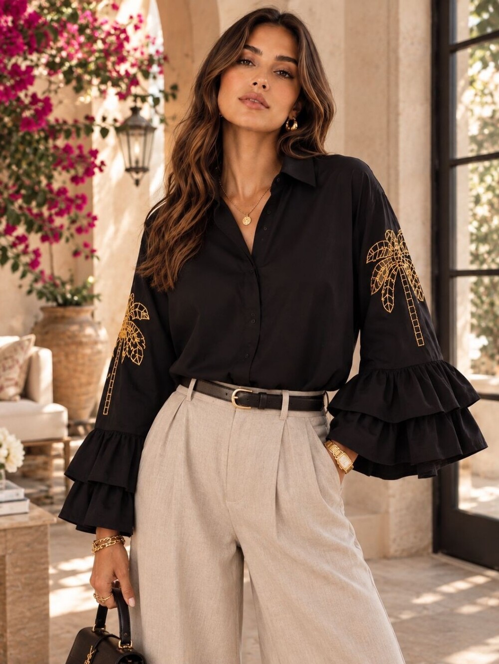 OZ79 Made In Italy Black Embroidered Ruffle-Sleeve Button-Down Top